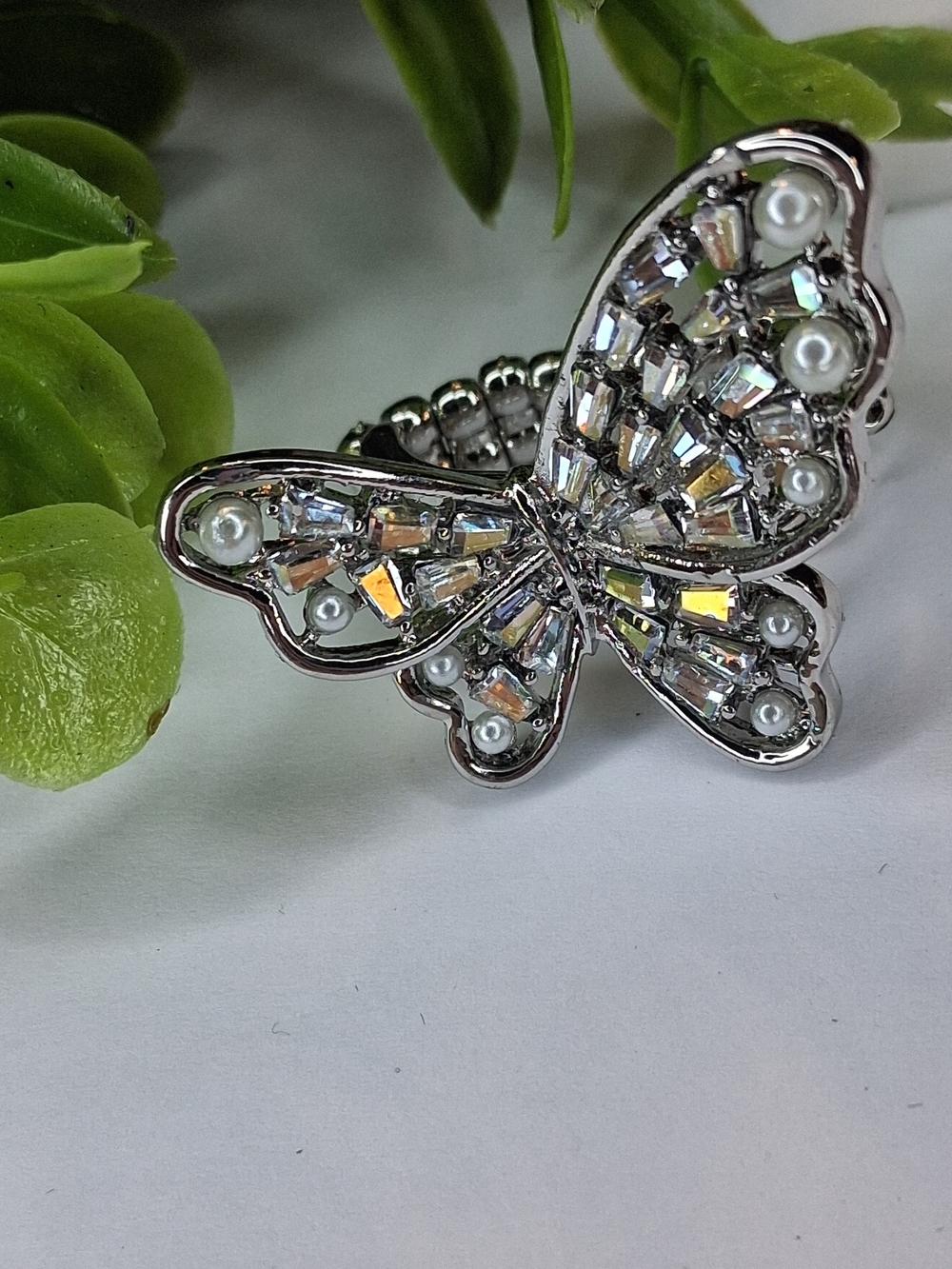 Silver Iridescent And Pearl Butterfly Ring